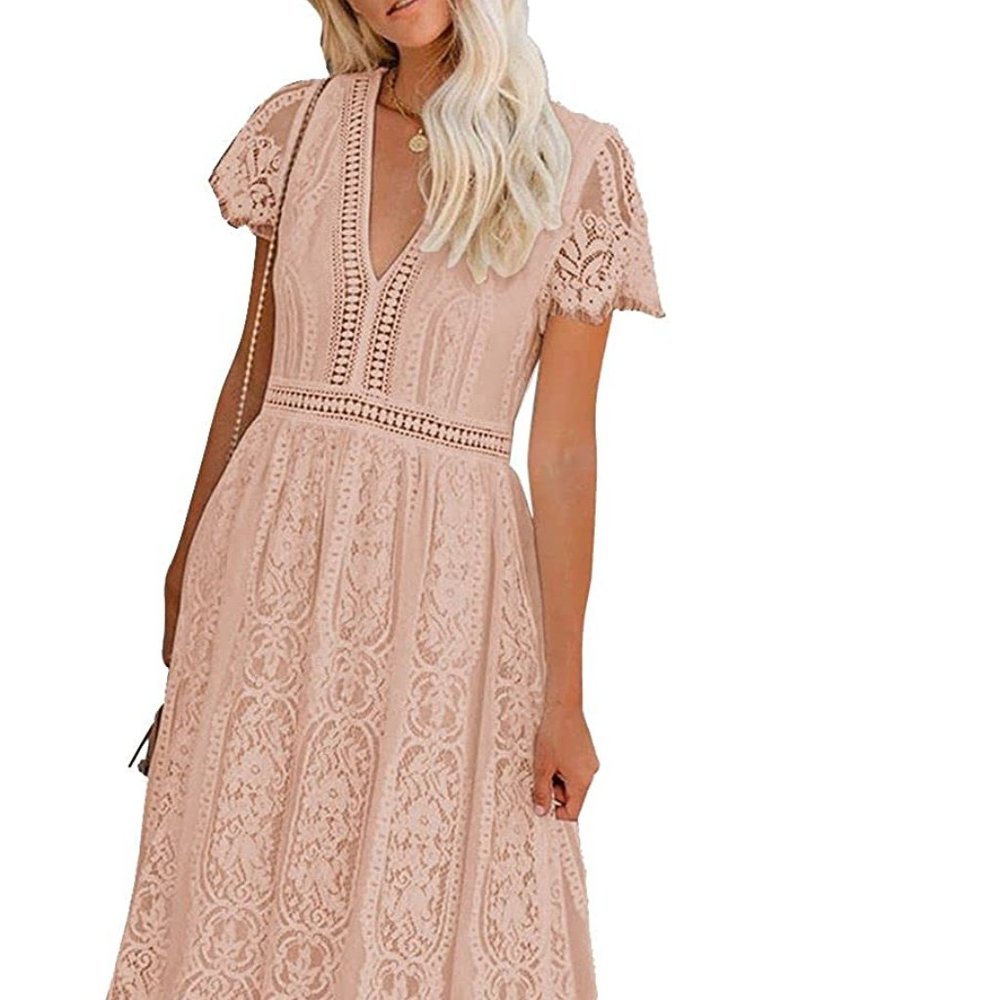 BLENCOT Womens Peach Casual Boho Floral Lace V Neck Long Evening Dress Size L